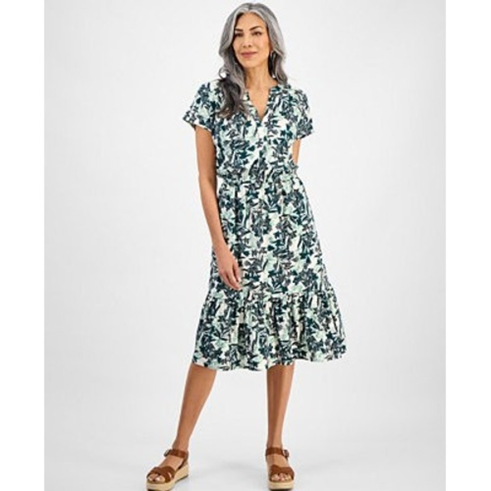 Style & Co Women's Printed Short-Sleeve Tiered Midi Dress Lily Sea Size Medium